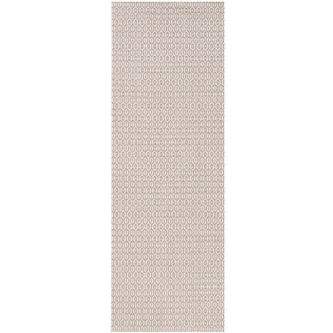 Beige and cream geometric patterned indoor outdoor coin rectangular runner rug perfect for indoor outdoor use