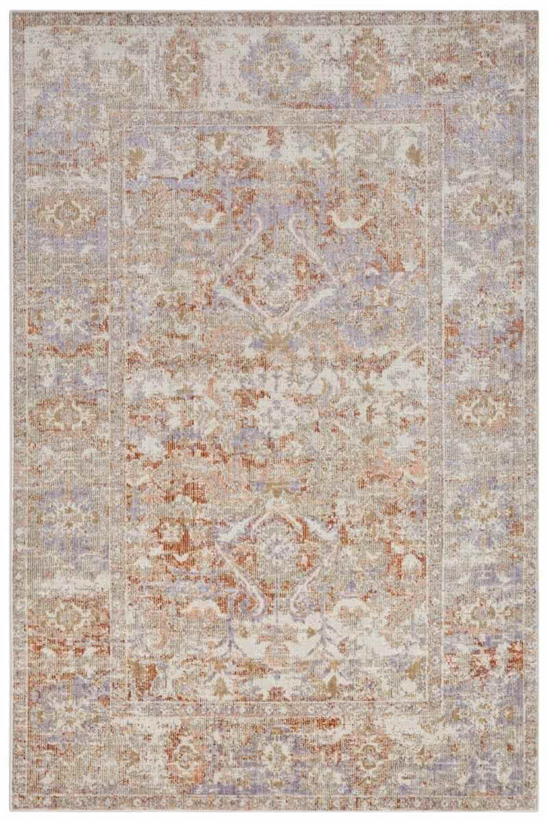 Vintage-inspired indoor outdoor port said rug with distressed medallion pattern in beige lavender and rust tones