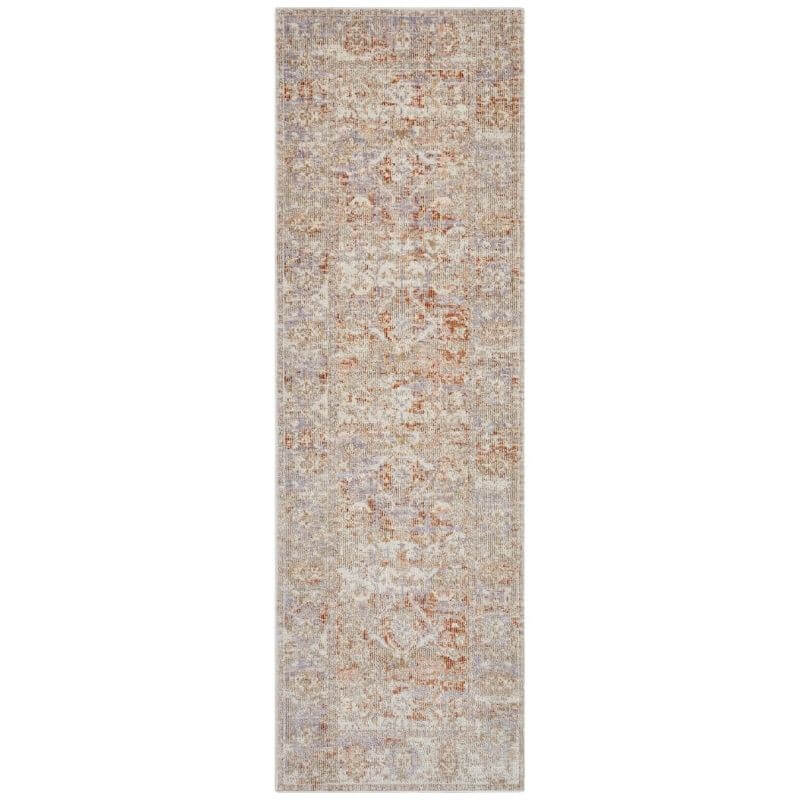 Indoor outdoor port said rug runner with faded distressed medallion design in muted beige and dusty rose tones