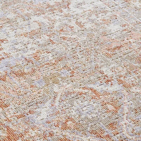 A soft indoor outdoor port said rug with a faded distressed medallion pattern in muted peach and gray tones