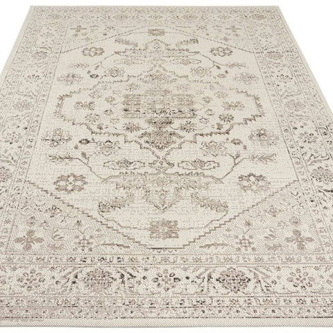 Beige and gray vintage-style indoor outdoor rug navarino with intricate floral and geometric bordered design