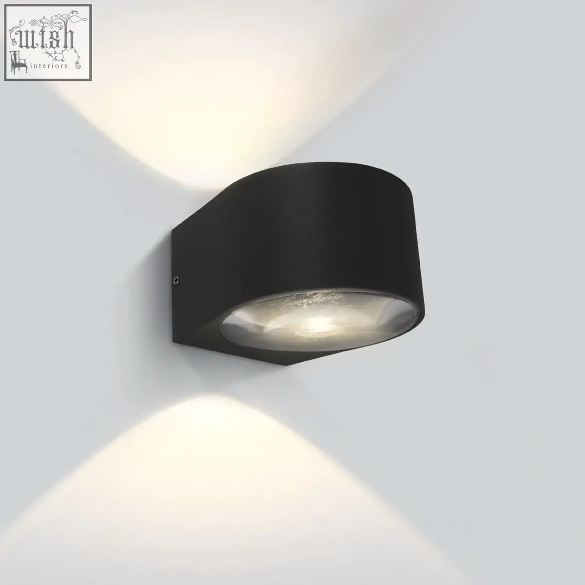 Black die cast indoor outdoor wall light 67480b/an/w with frosted glass diffuser and 2x6w led warm glow