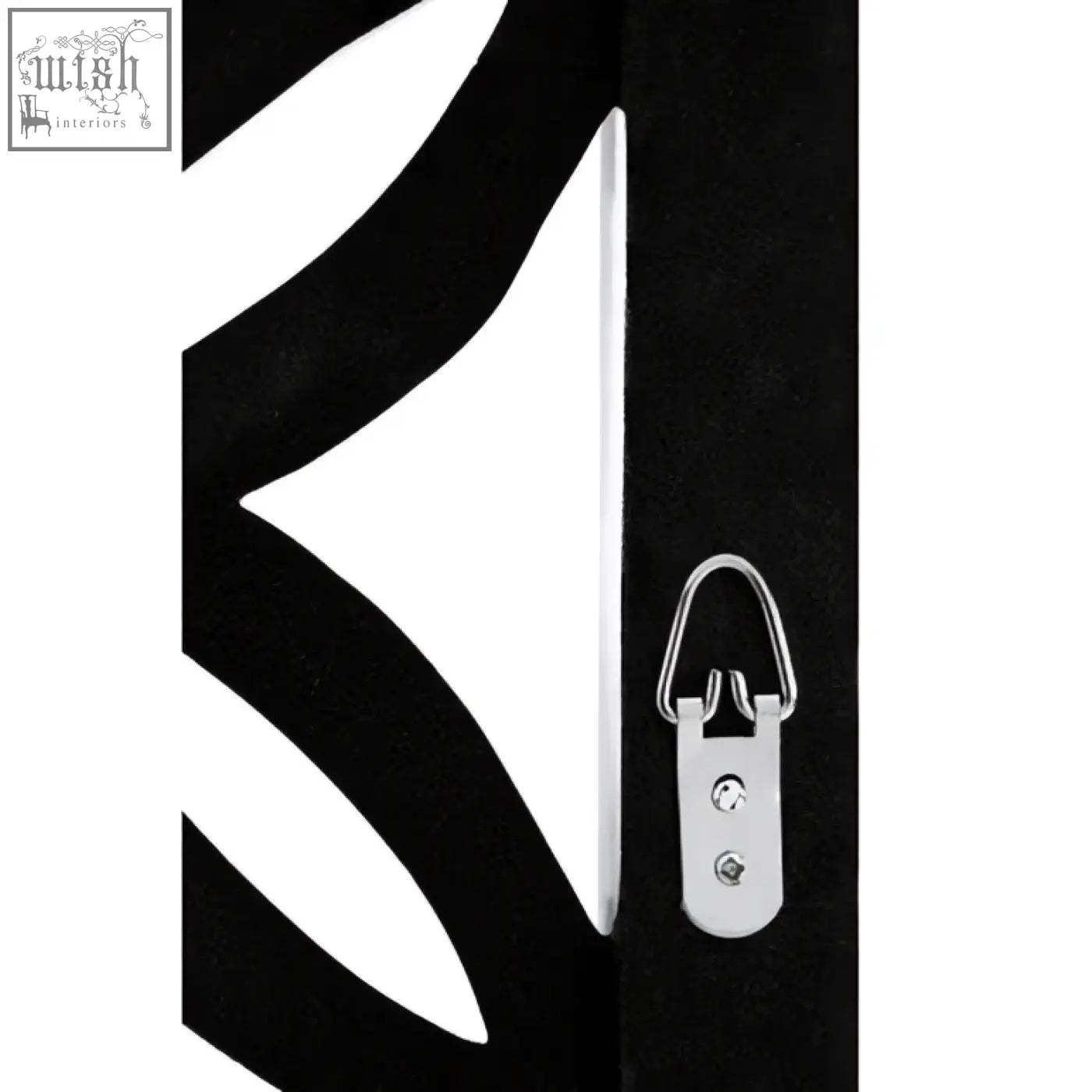 Black metal wall hanging with silver d-ring hook shown on back of indus antique white lattice frame wall mirror