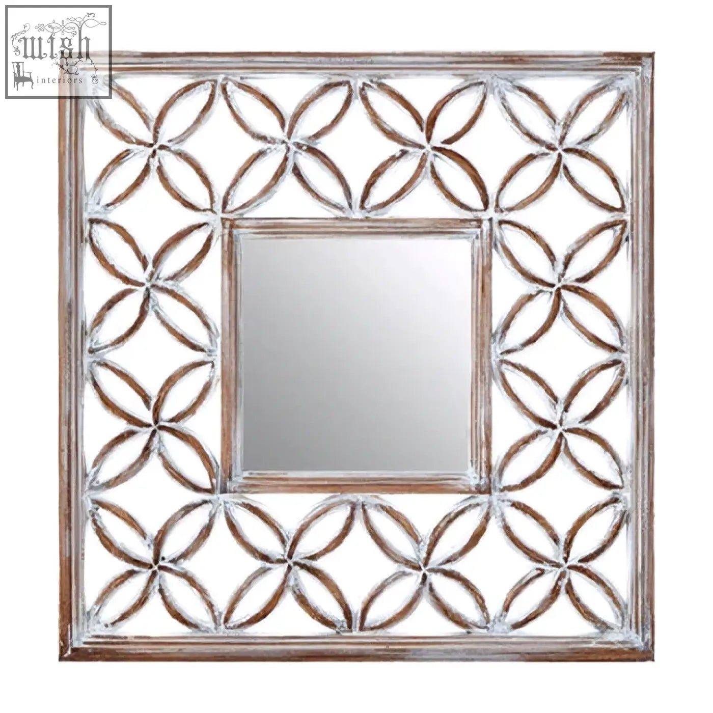 Square wall mirror with antique white distressed metal frame and intricate white lattice interlocking circle design