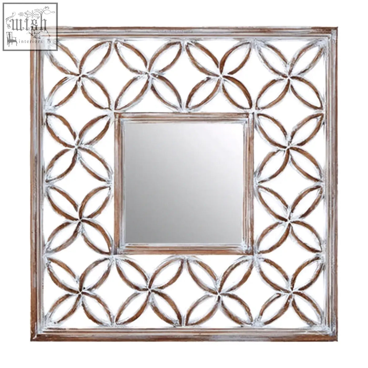 Square wall mirror with antique white distressed metal frame and intricate white lattice interlocking circle design