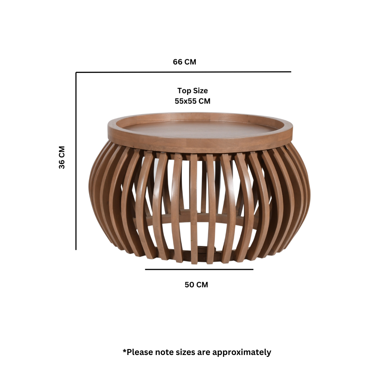 Indus solid wood small round coffee table with smooth light brown finish and vertical slat base design