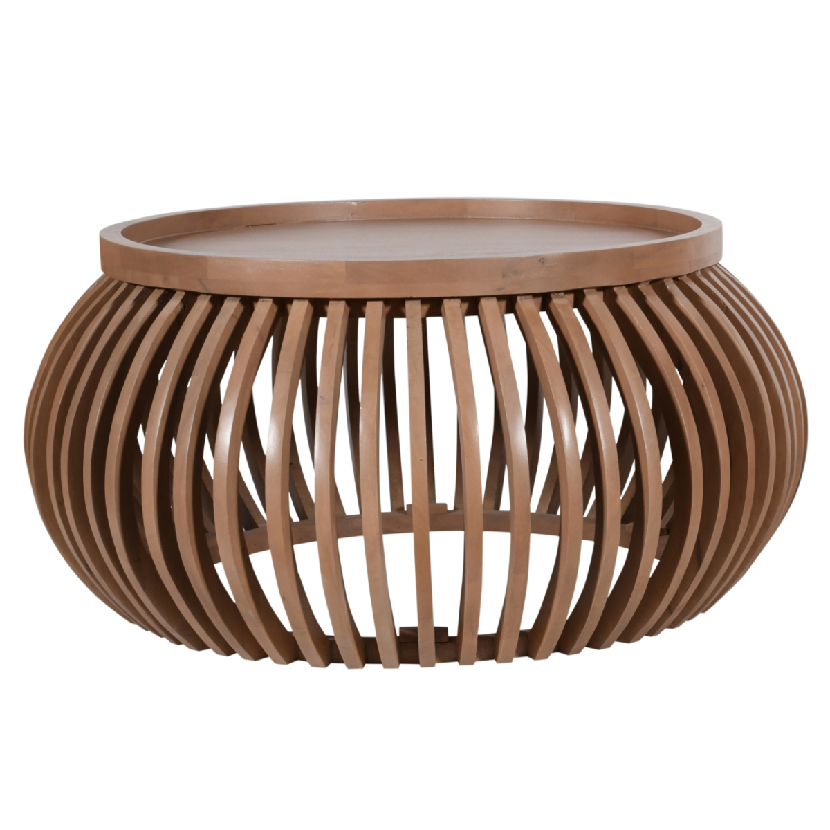Indus solid wood small round coffee table with smooth light brown finish and vertical slat curved base