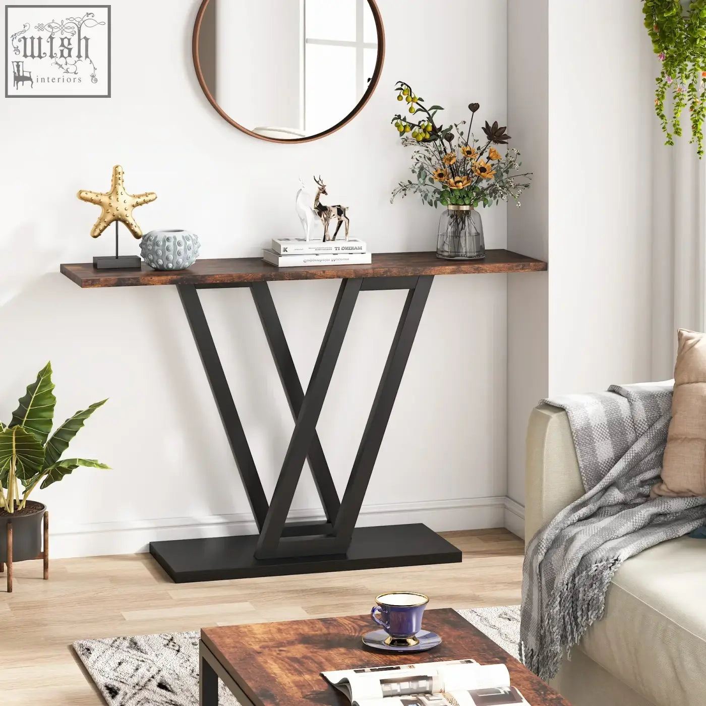 Black metal industrial console table with rustic wood top and x-shaped base for stylish home entryway or living room