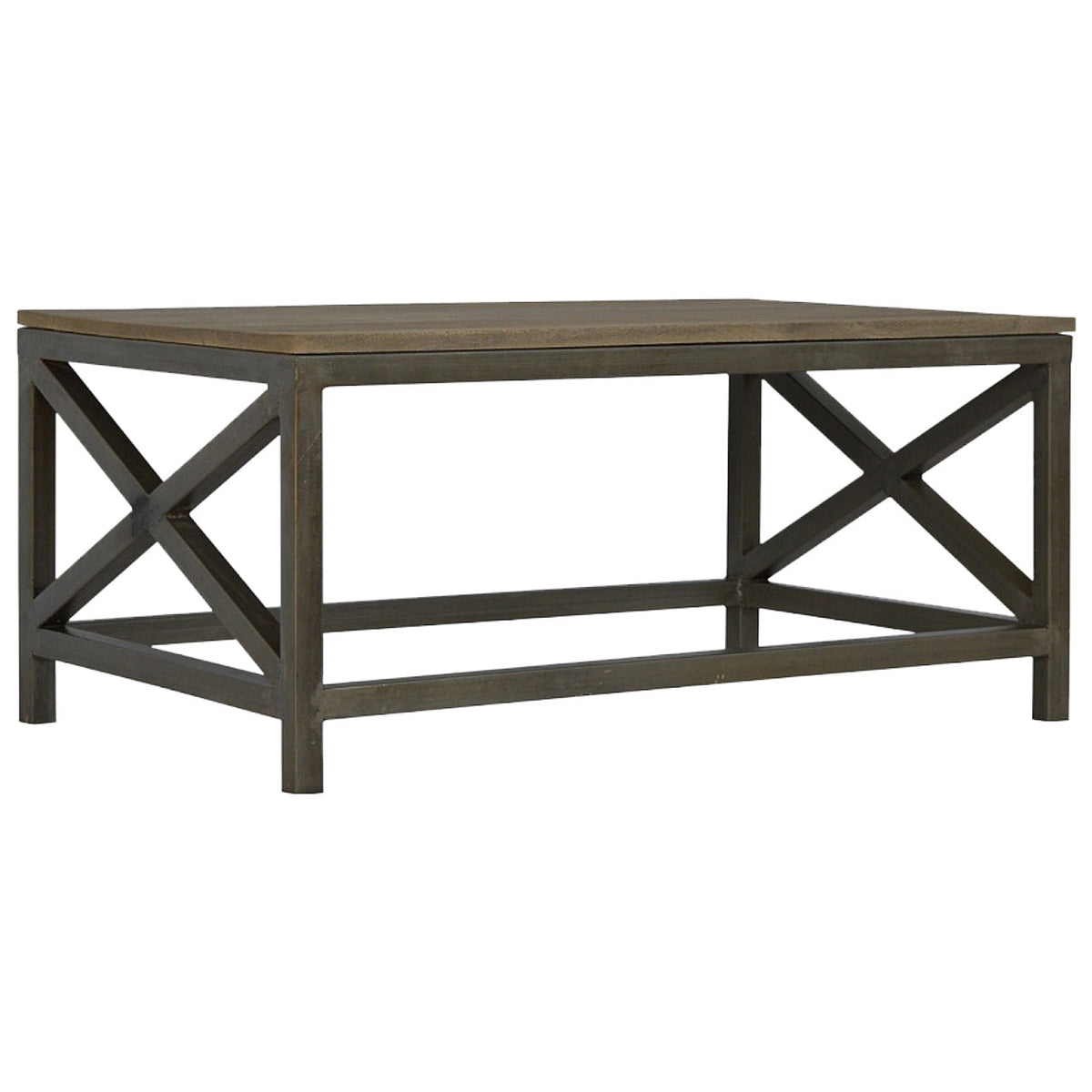 Dark gray rustic industrial cross metal oatmeal coffee table with weathered wood top and x-shaped leg supports