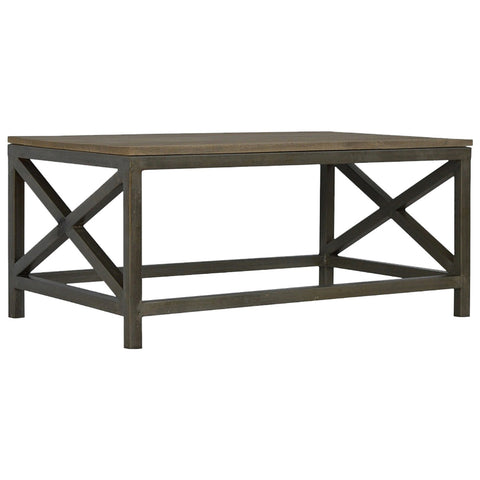 Dark gray rustic industrial cross metal oatmeal coffee table with weathered wood top and x-shaped leg supports