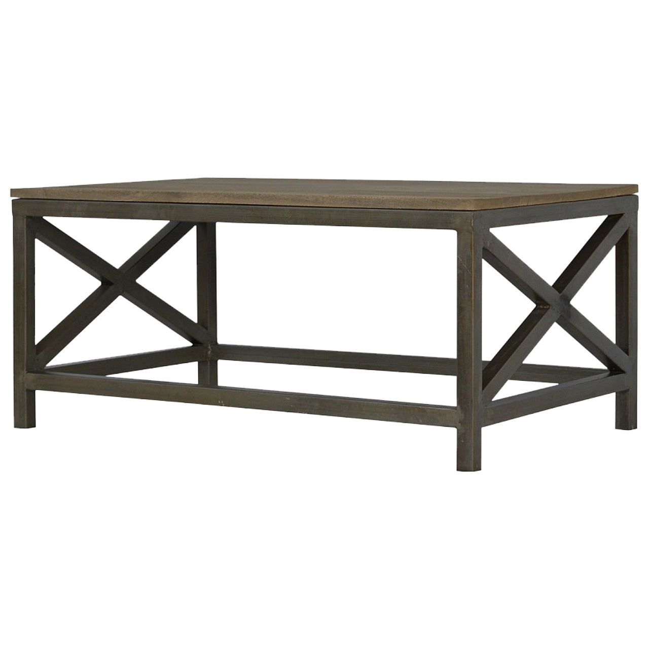 Dark gray rustic coffee table with weathered wood top and cross metal x-shaped legs for industrial style living room