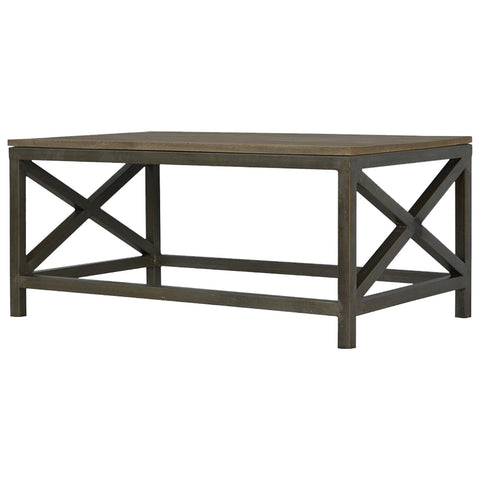Dark gray rustic coffee table with weathered wood top and cross metal x-shaped legs for industrial style living room