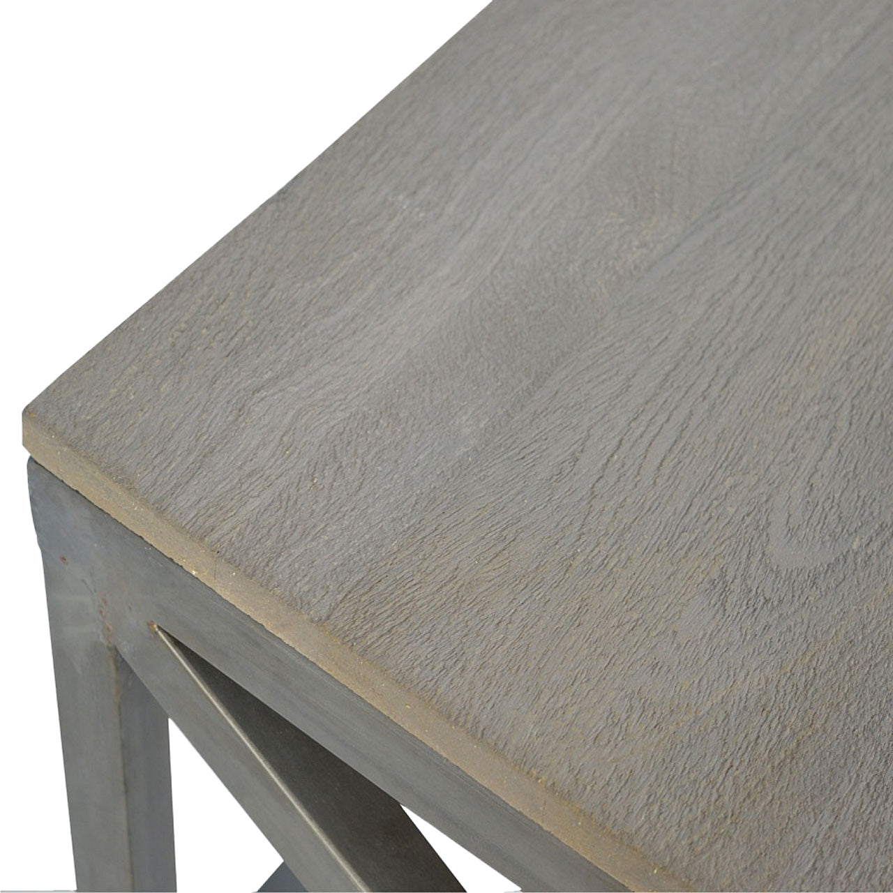 Industrial cross metal oatmeal coffee table with gray distressed wood tabletop and sturdy metal frame