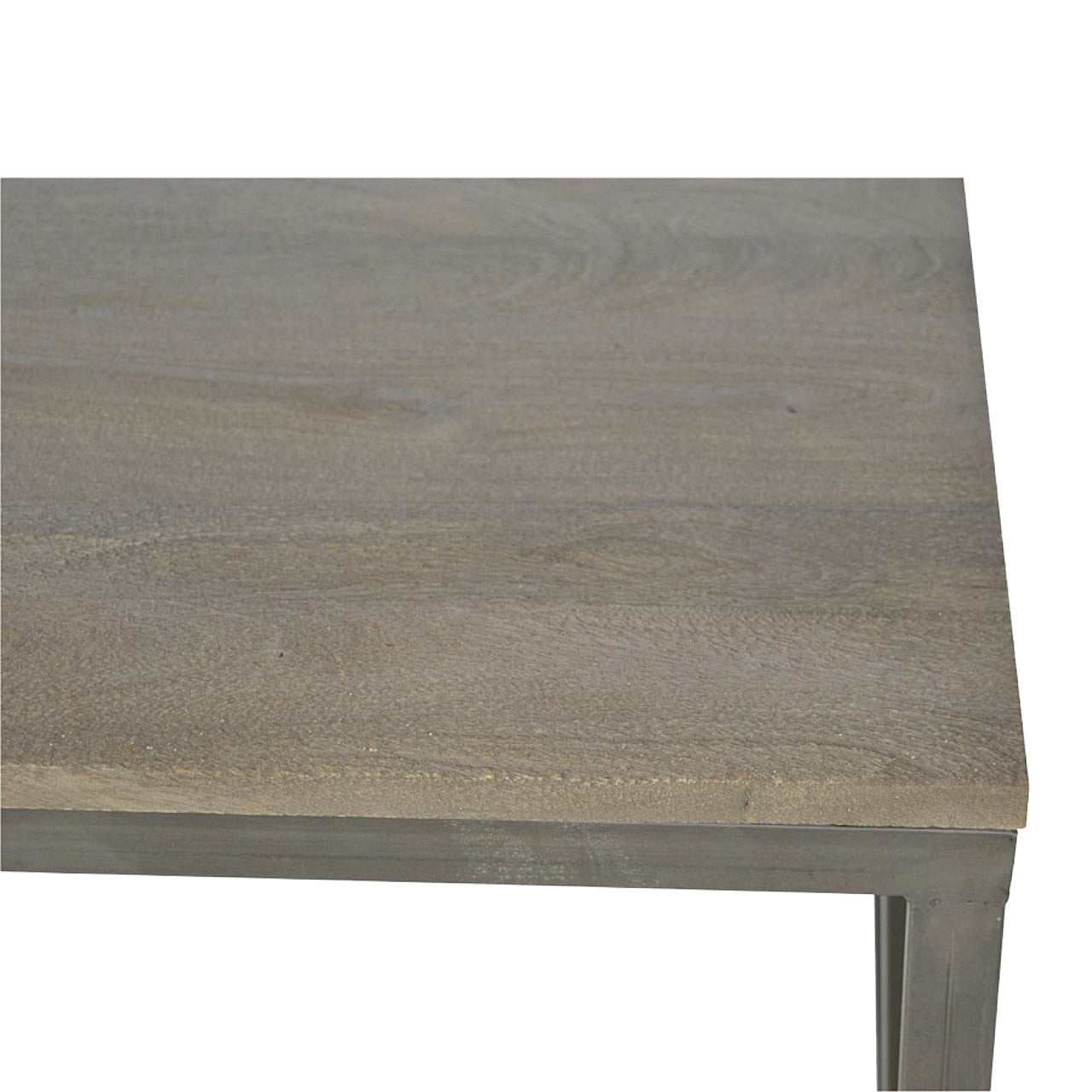 Industrial cross metal oatmeal coffee table with gray wood grain tabletop and sleek metal legs in a matte finish
