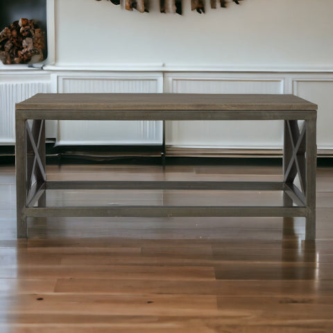 Rustic gray wooden industrial cross metal coffee table with x-shaped metal frame legs and oatmeal finish