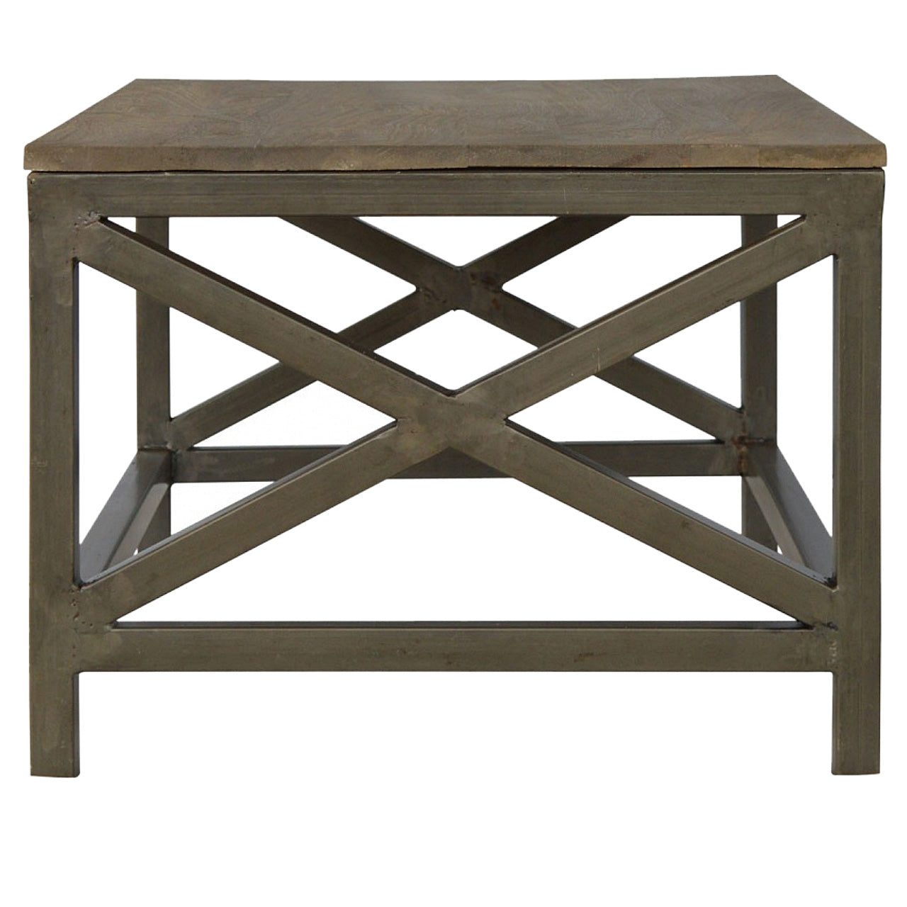 Industrial cross metal end table with rustic olive green finish and weathered wooden top with x-shaped base
