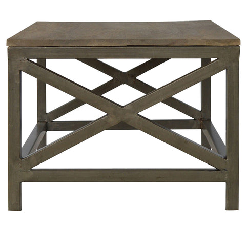 Industrial cross metal end table with rustic olive green finish and weathered wooden top with x-shaped base
