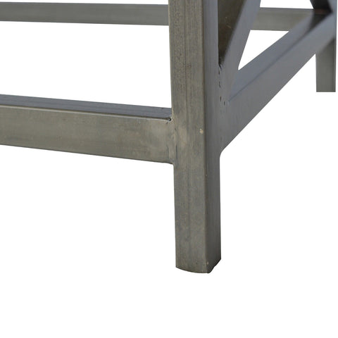Industrial cross metal oatmeal coffee table with gray metal frame, welded joints, and a matte finish
