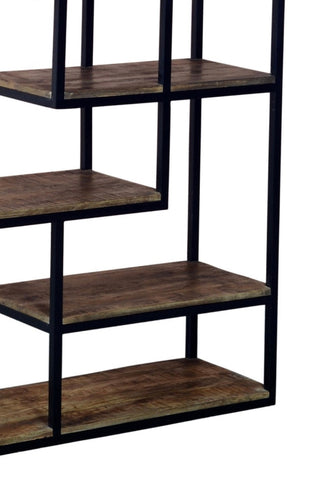 Industrial multi shelf unit with black metal frame and rustic brown wooden shelves for stylish storage