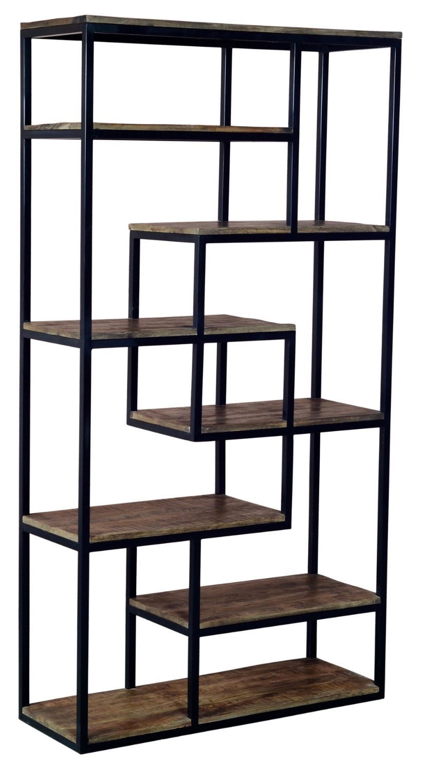Industrial multi shelf unit with black metal frame and rustic brown wooden shelves in staggered shelf unit design