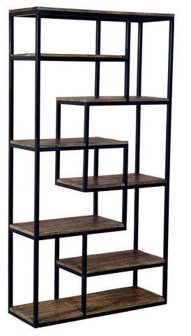 Industrial multi shelf unit with black metal frame and rustic brown wooden shelves in staggered shelf unit design