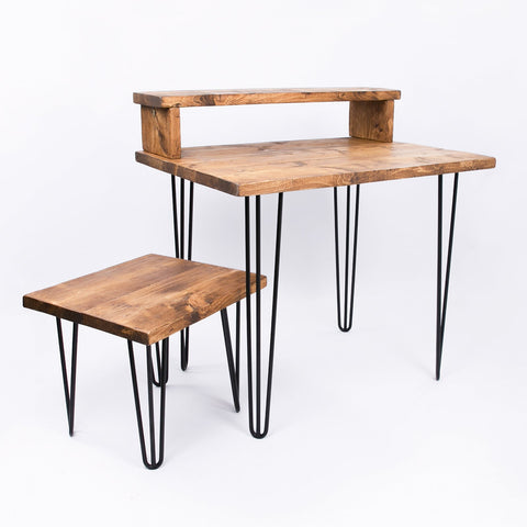 Rustic wooden industrial office desk with black hairpin legs and matching stool perfect as a home office organiser free uk delivery