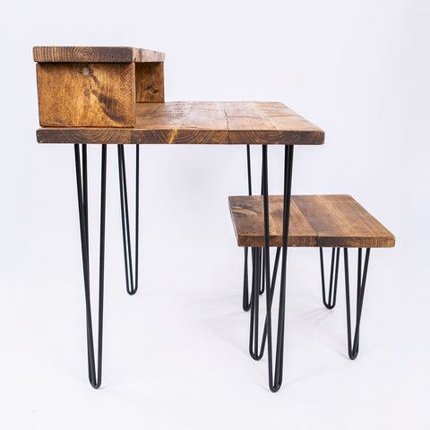 Rustic wooden industrial office desk with black metal hairpin legs and matching stool perfect as a home office organiser free uk delivery
