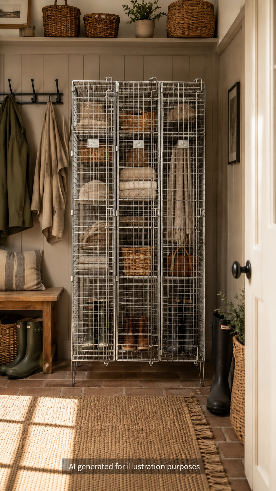 Industrial vintage wire mesh storage cabinet with three compartments holding woven baskets and folded textiles