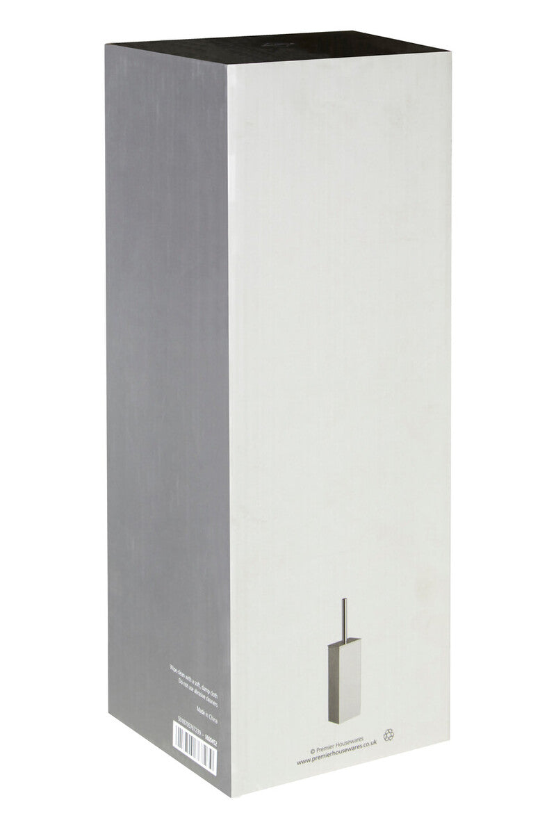 A sleek white cardboard box with a black top for the indy square toilet brush with stainless steel handle