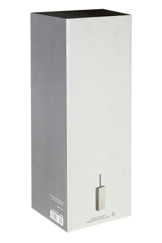 A sleek white cardboard box with a black top for the indy square toilet brush with stainless steel handle