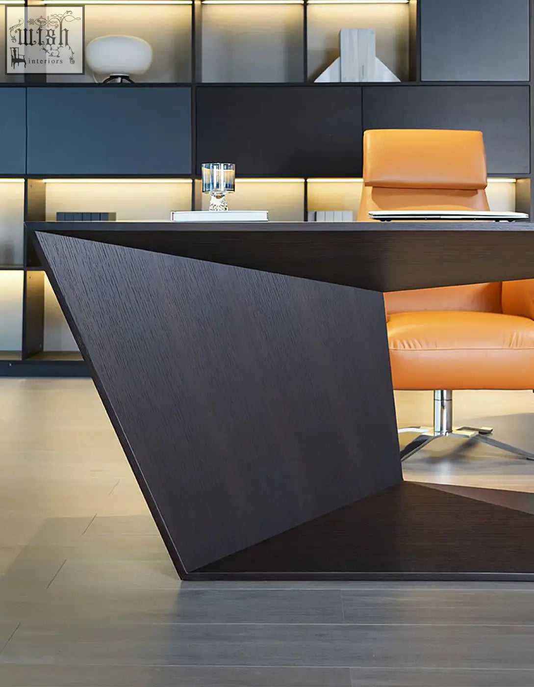 Ines modern office desk in black wood with angular geometric design and sleek minimalist finish for office use