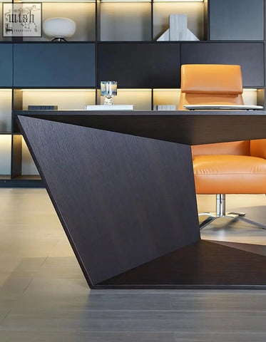 Ines modern office desk in black wood with angular geometric design and sleek minimalist finish for office use