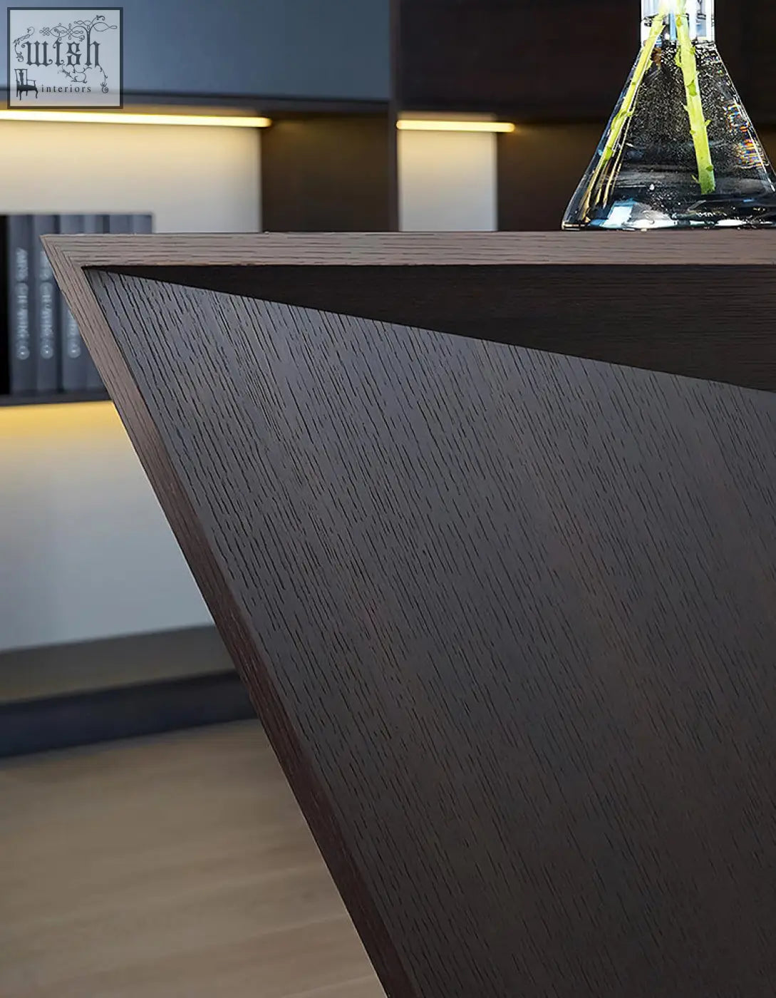 Dark wood grain ines modern office desk with sleek angled edge for a modern office desk in black wood