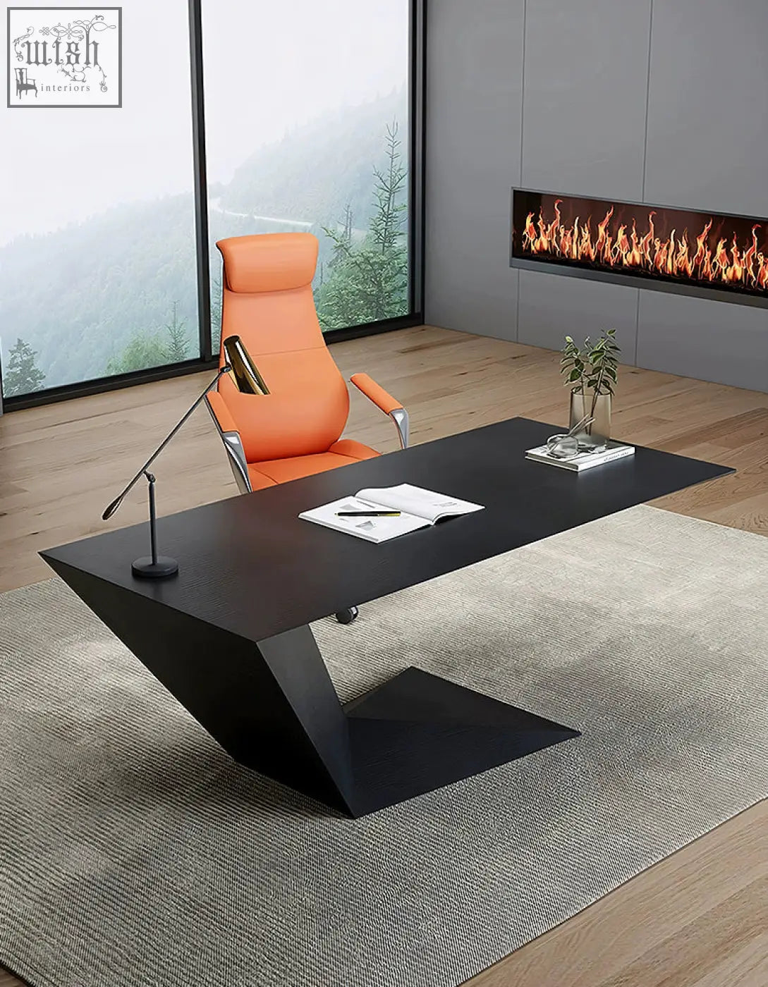 Black geometric ines modern office desk with angular design and sleek metal legs perfect as a modern office desk