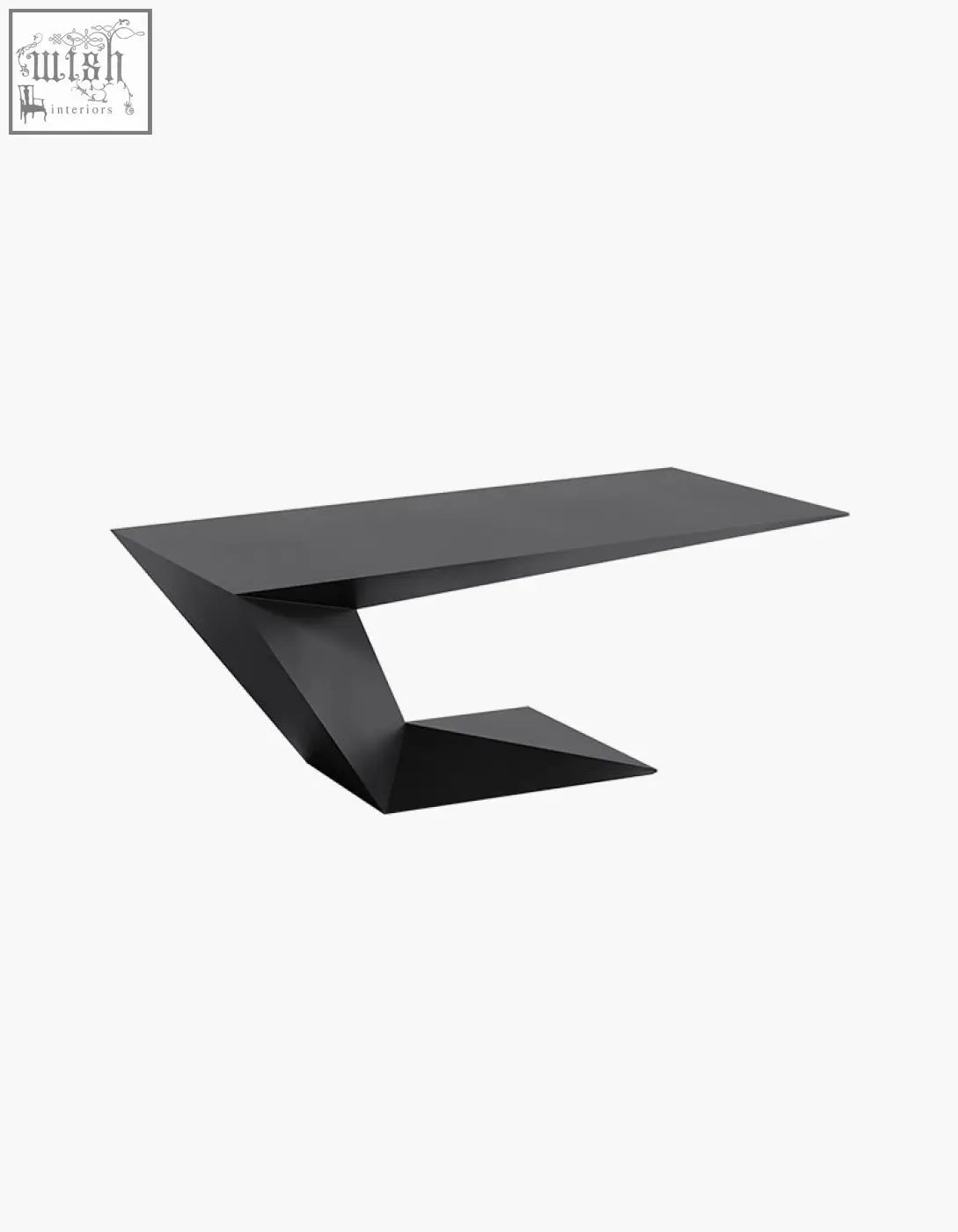 Black geometric office desk with angular faceted wood base and sleek tabletop in ines modern office style
