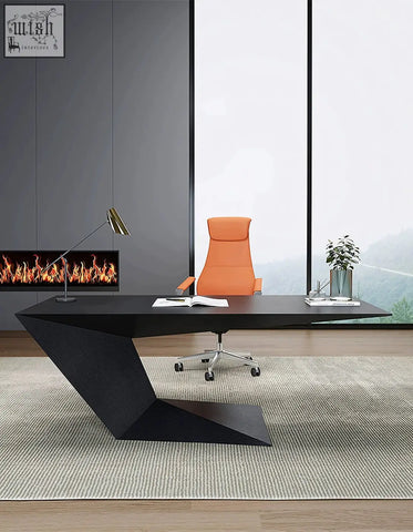 Black wood ines modern office desk with sleek angular design and matte finish perfect as a modern office desk