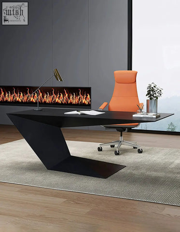 Black wood ines modern office desk with sleek angular design and glossy finish perfect modern office desk setup
