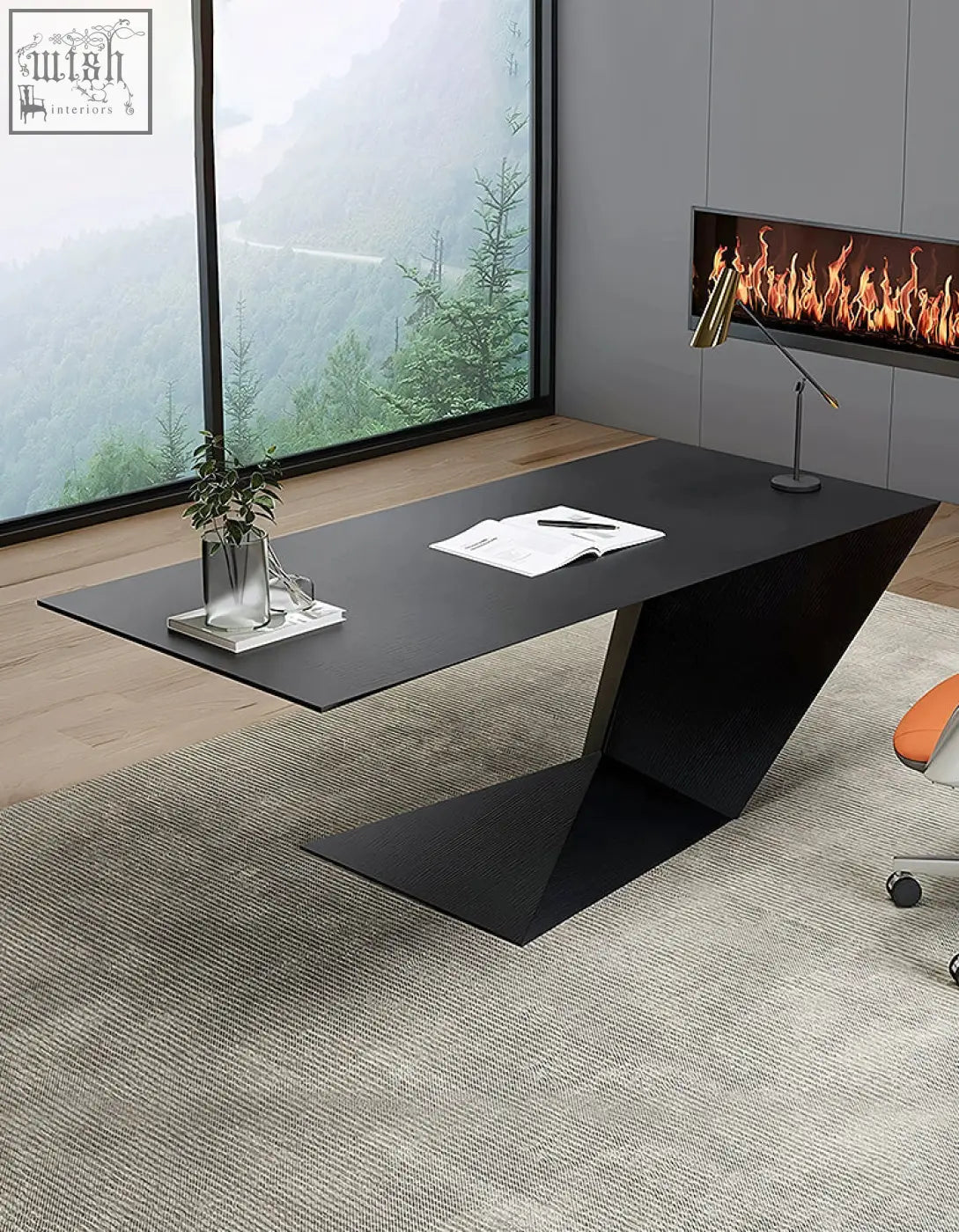 Black wood ines modern office desk with sleek angular design and matte finish perfect as a modern office desk