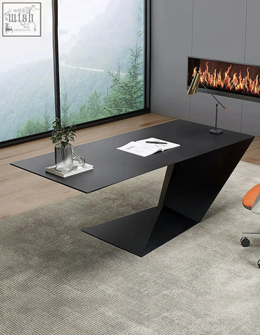 Black wood ines modern office desk with sleek angular design and matte finish perfect as a modern office desk