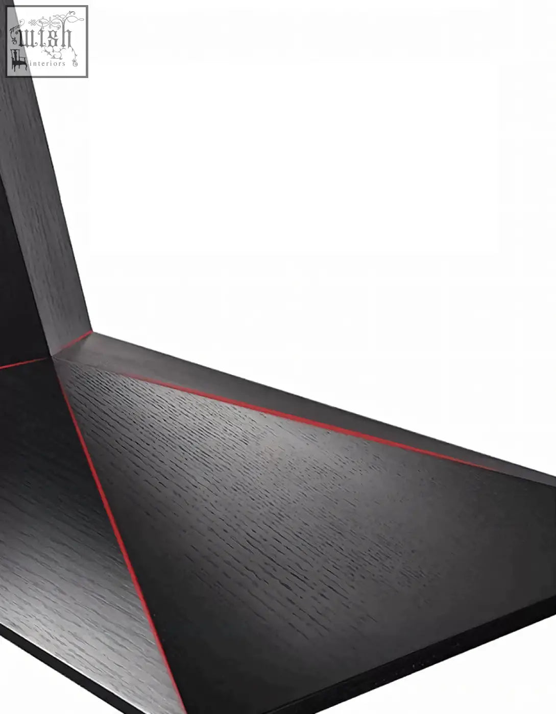 Black triangular range hood with wood-grain finish and red trim shown with ines modern office desk black wood