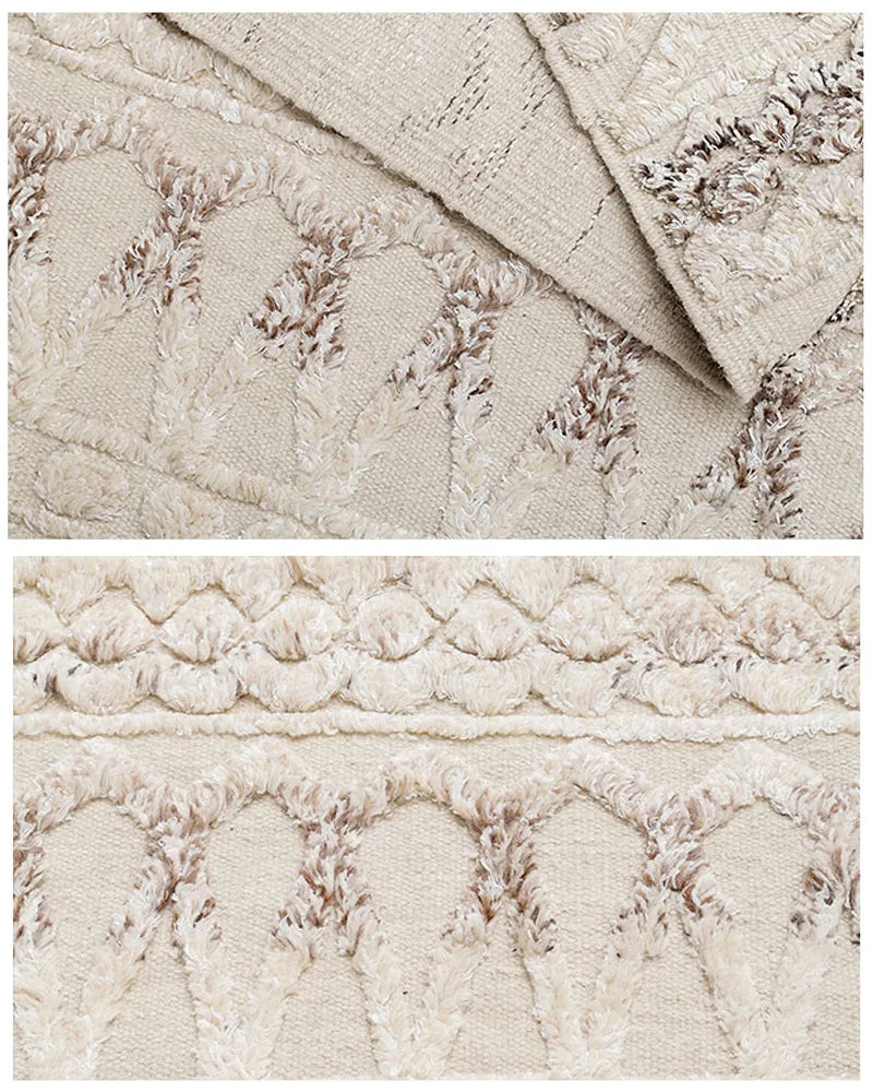 Beige initoma rug throw blanket with raised fringed palm tree embroidery and scalloped textured border