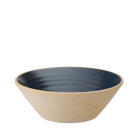 Beige ceramic ink conical bowl 7.5 inches with dark blue interior and subtle low sheen glaze with horizontal ridges