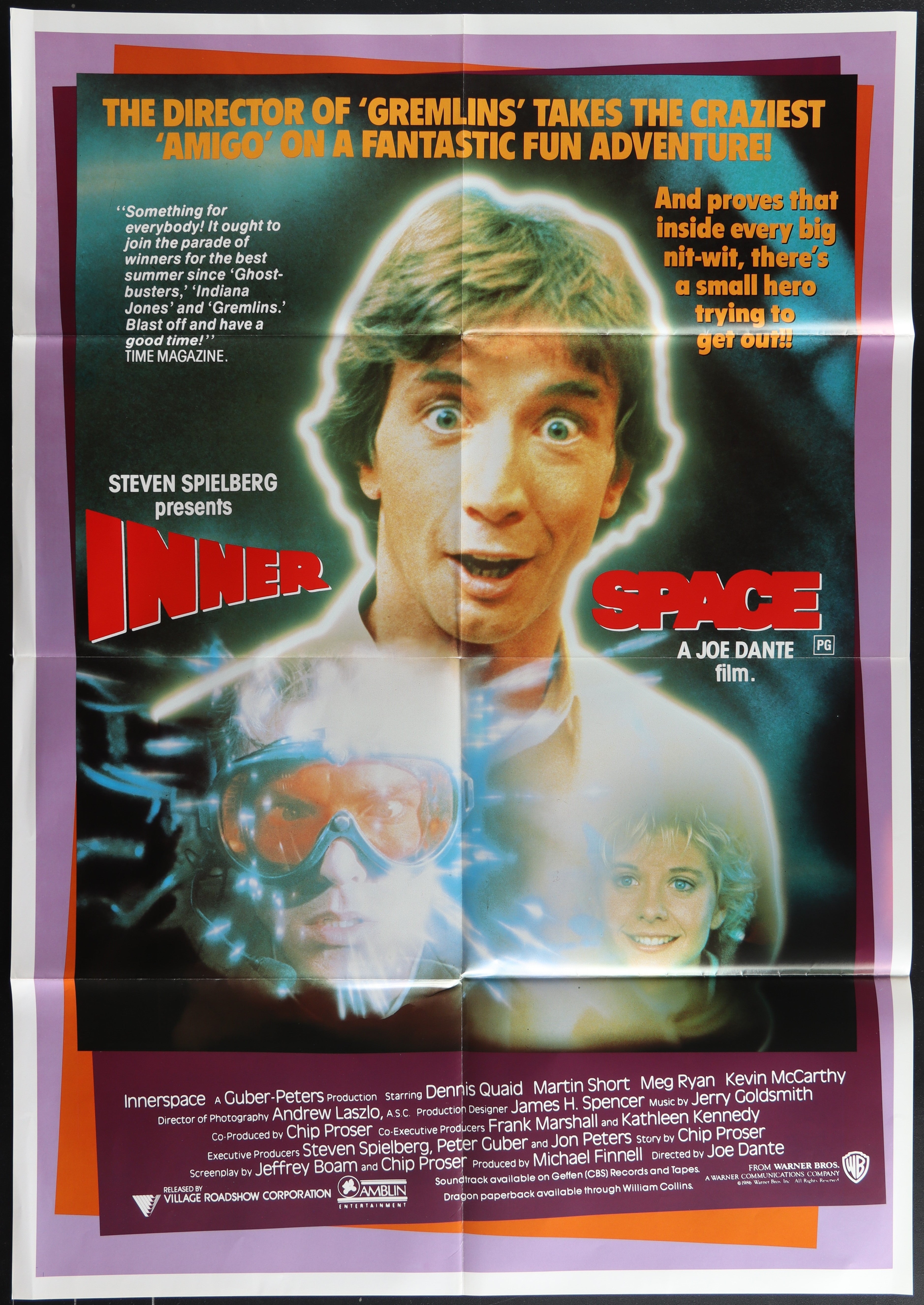 Vibrant red and white original australian sheet movie poster for innerspace 1987 featuring dennis quaid face and diver helmet