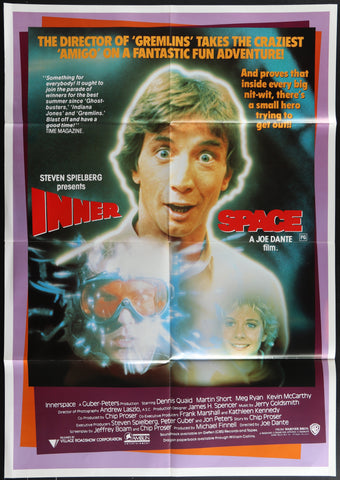 Vibrant red and white original australian sheet movie poster for innerspace 1987 featuring dennis quaid face and diver helmet