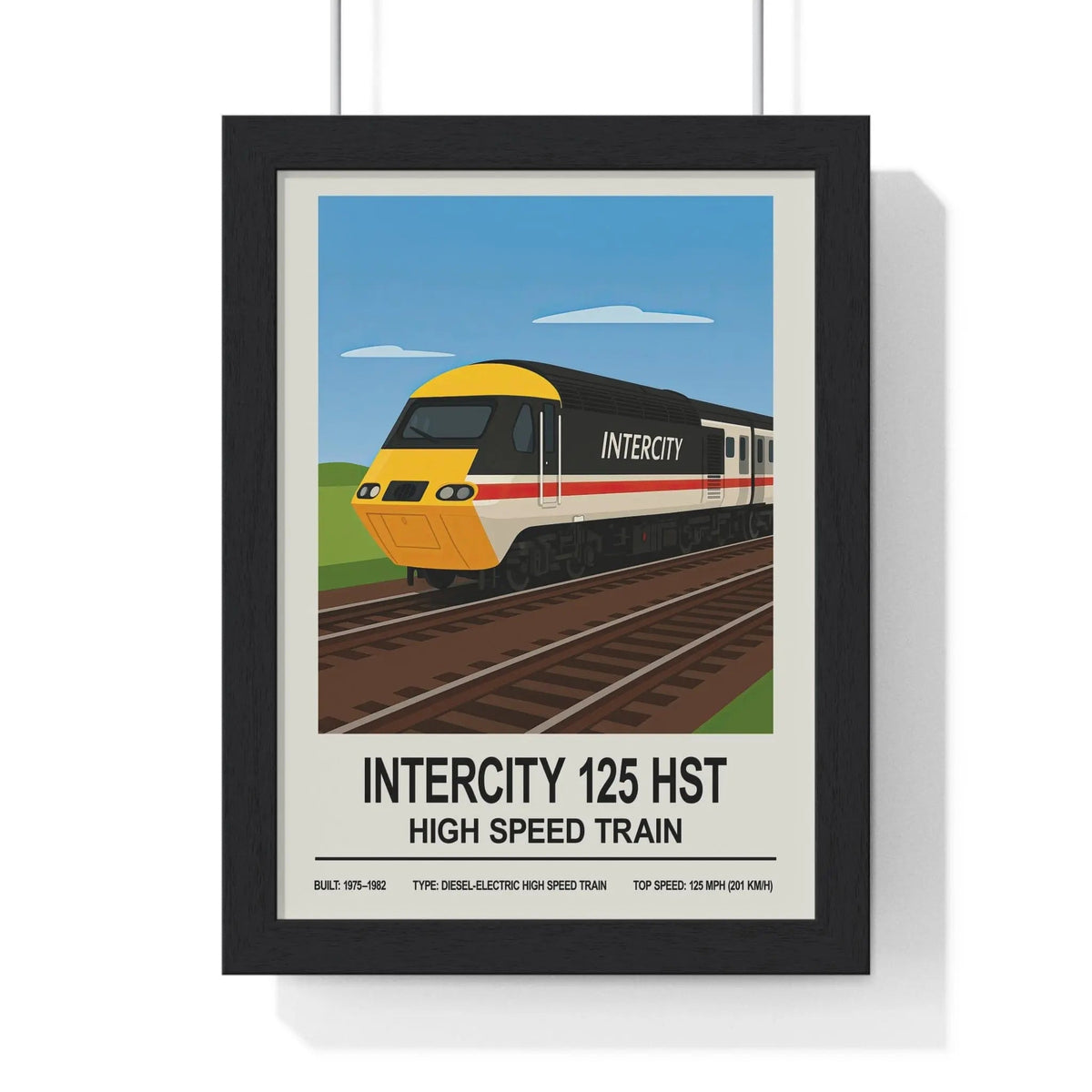 Black-framed hst poster featuring a stylized yellow and red intercity 125 high speed train for wall art display