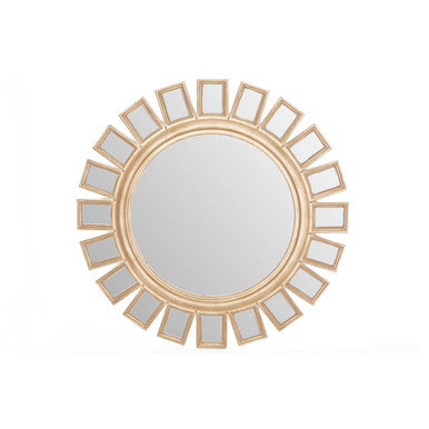 Gold-toned inti wall mirror with warm champagne sunburst design and radiating rectangular mirrored segments