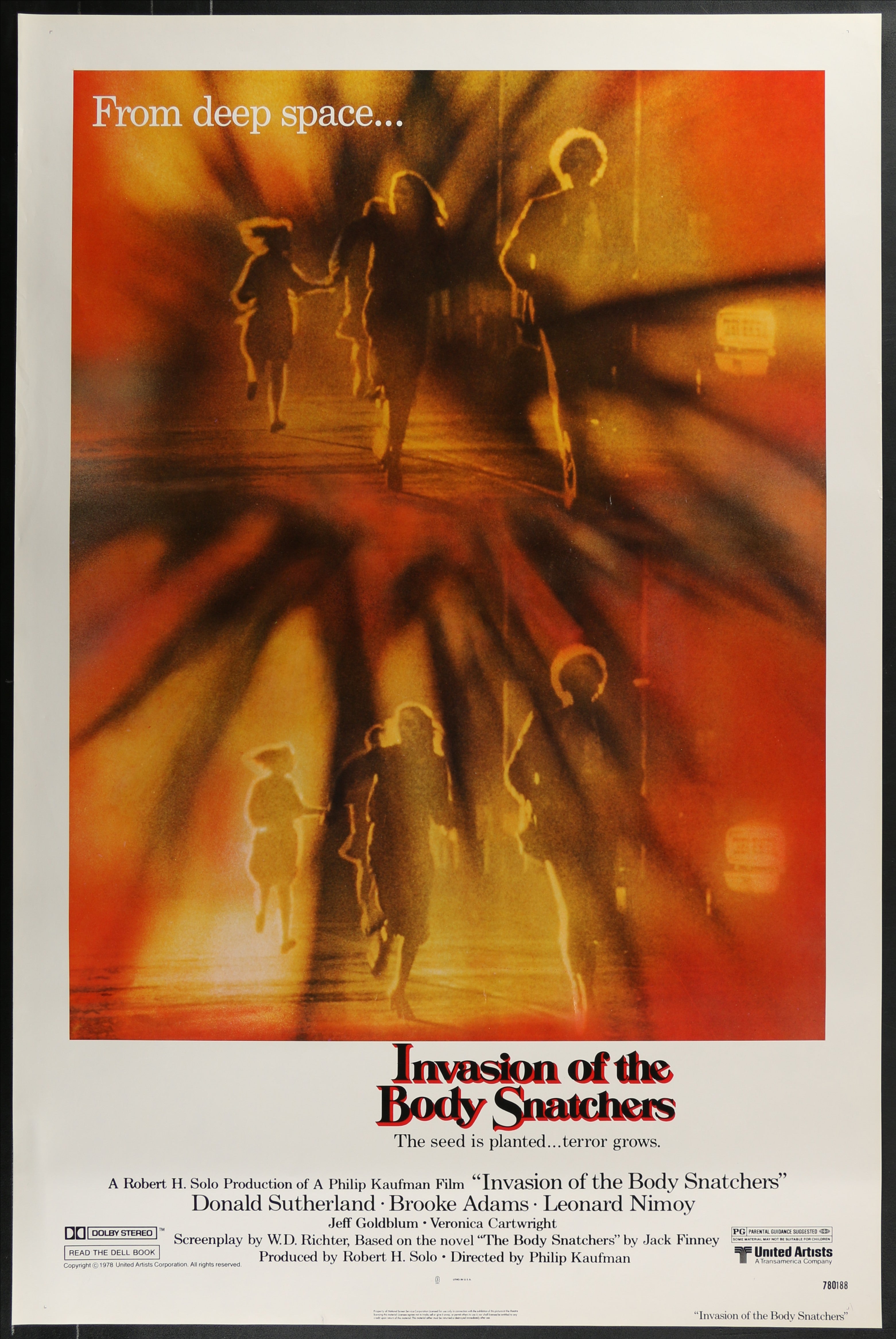 Orange and red gradient movie poster for invasions of the body snatchers 1978 with silhouetted figures running