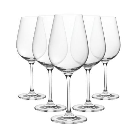 Set of six clear crystal invitation bordeaux glasses with slender stems and wide bowls for wine enjoyment