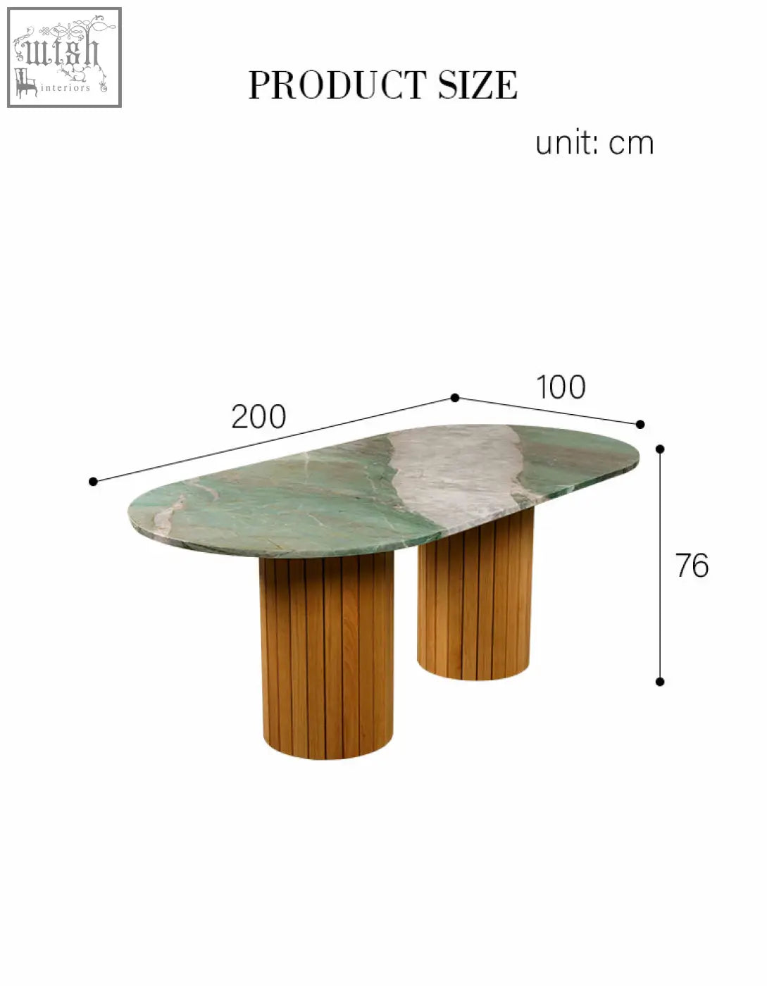Modern ionescu oval dining table with green and white marble dining top and wooden legs for dining room use