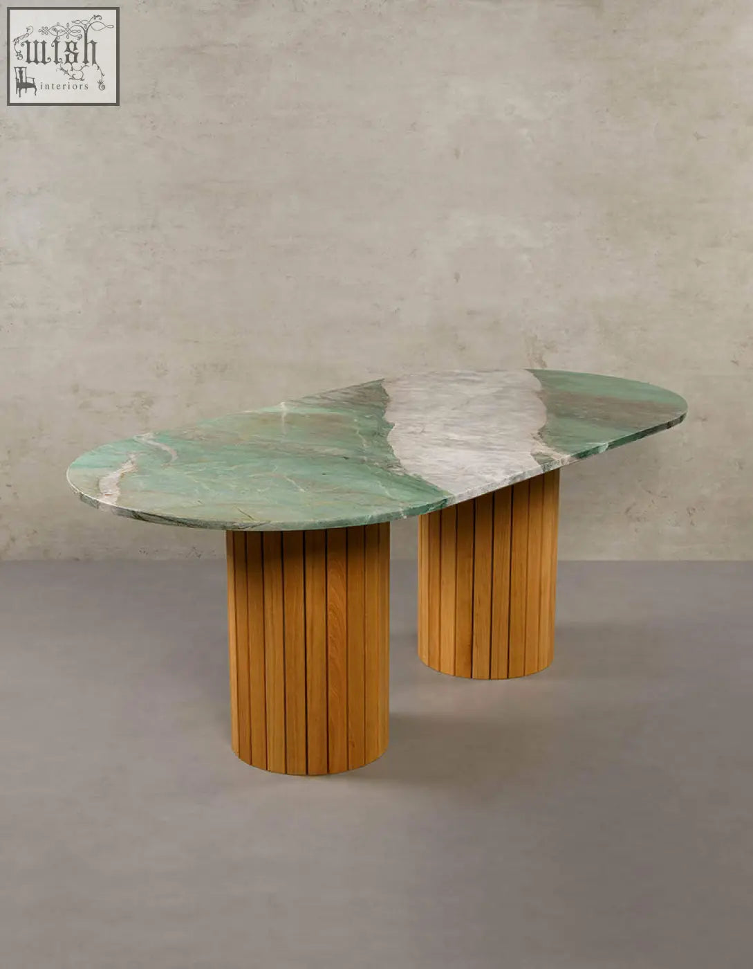 Ionescu oval dining table with vibrant green and white marble dining top and wooden slat legs for dining room use